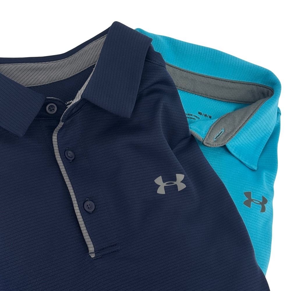 Lot of 2 Under Armour Mens HeatGear Polo Shirts Navy Cyan Blue Medium Loose Fit